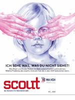 Ein gezeichntes Kind, das die Augen mit erwachsenen Händen zugehalten bekommen. Titelbild von Scout – das Magazin für Medienerziehung. Wie Eltern und Kinder Risiken im Netz unterschiedlich wahrnehmen